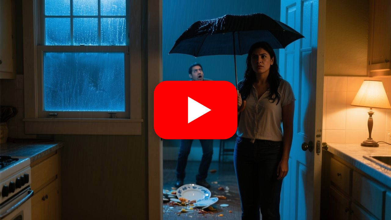 Mujer empapada por la lluvia llegando a casa mientras un hombre furioso tira un plato de comida al piso en el comedor