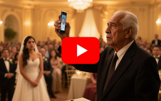Abuelo de pie frente a los invitados de la boda defendiendo a una niña sentada en la mesa de los novios
