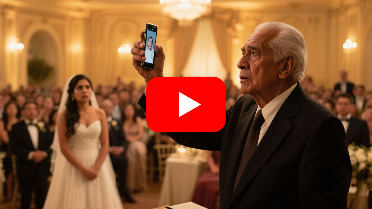 Abuelo de pie frente a los invitados de la boda defendiendo a una niña sentada en la mesa de los novios