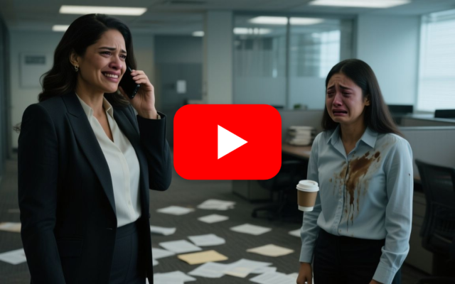 Jefa arrogante derramando café sobre la blusa de una joven empleada en el pasillo de la oficina