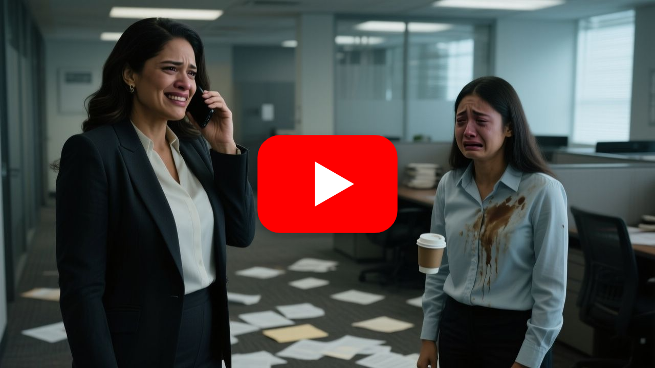 Jefa arrogante derramando café sobre la blusa de una joven empleada en el pasillo de la oficina