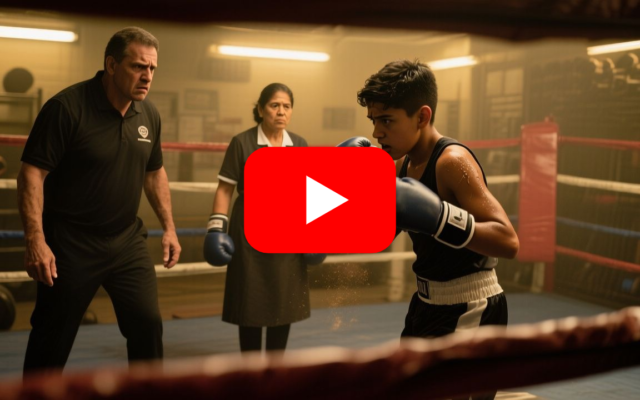 Limpiadora de gimnasio con overol azul y guantes de boxeo sube al ring ante la mirada sorprendida de boxeadoras y entrenador