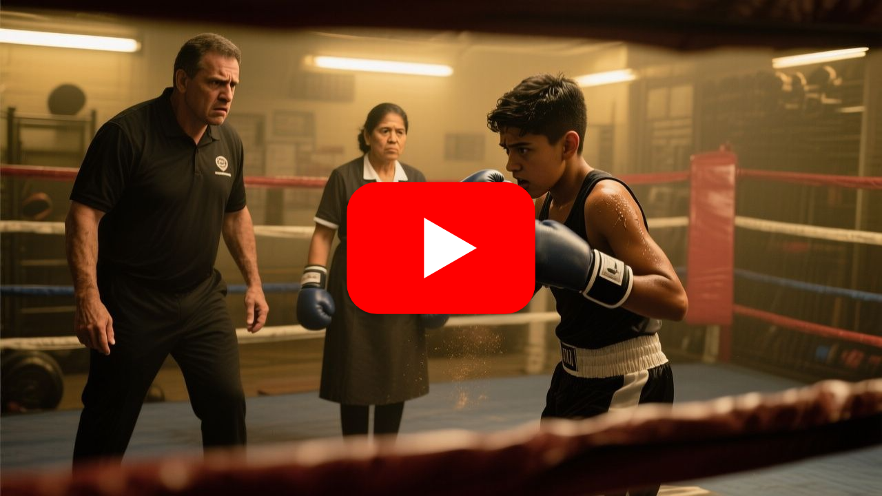 Limpiadora de gimnasio con overol azul y guantes de boxeo sube al ring ante la mirada sorprendida de boxeadoras y entrenador