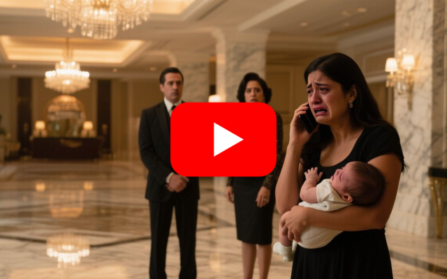 Joven madre con su bebé en brazos llorando en el vestíbulo de mármol del lujoso hotel Ambassador