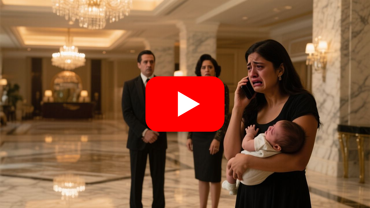 Joven madre con su bebé en brazos llorando en el vestíbulo de mármol del lujoso hotel Ambassador