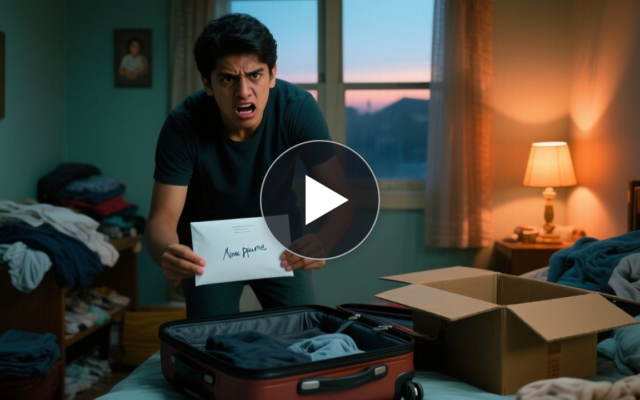 Joven ingeniero haciendo las maletas en su cuarto mientras sostiene un sobre con su nombre que encontró antes de mudarse