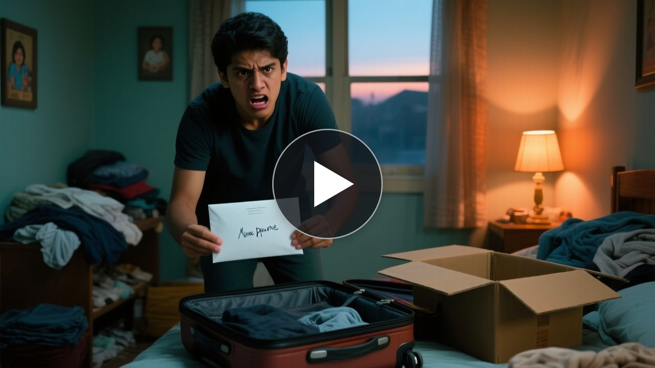 Joven ingeniero haciendo las maletas en su cuarto mientras sostiene un sobre con su nombre que encontró antes de mudarse