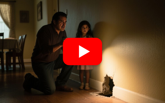 Niña de trenza alimentando por la grieta de la pared a otra niña oculta en el compartimento oscuro del comedor