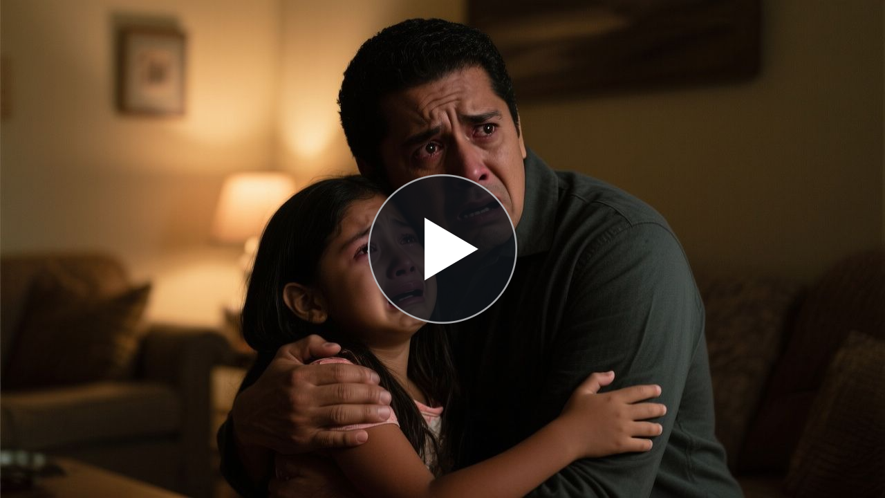 Padre abrazando a su hija pequeña en una habitación mientras la niña llora y sostiene un peluche viejo