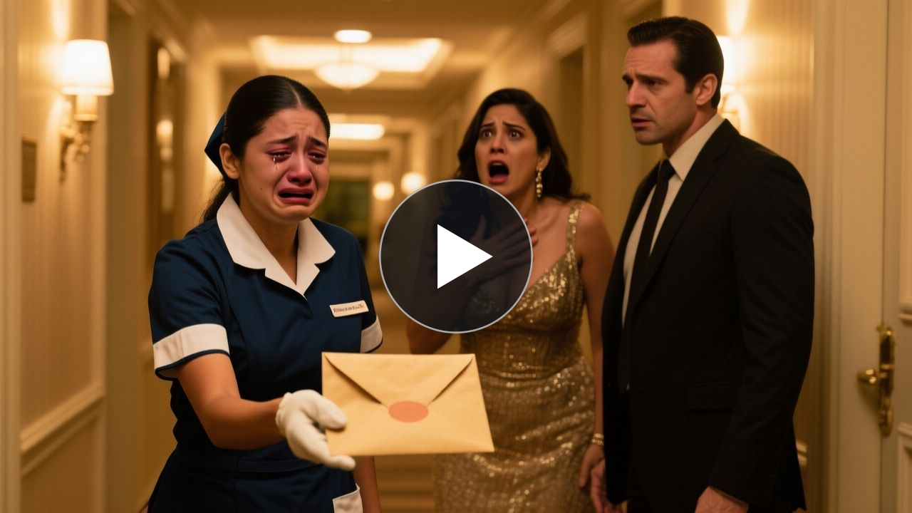 Empleada de limpieza llorando en el pasillo de un hotel mientras sostiene un sobre manila frente a una pareja adinerada