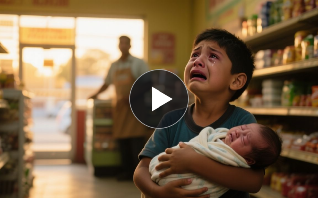 Niño descalzo cargando a su hermanita bebé en brazos frente al mostrador de una tienda de barrio en Medellín
