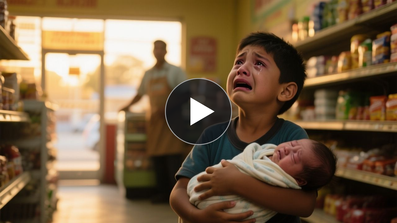 Niño descalzo cargando a su hermanita bebé en brazos frente al mostrador de una tienda de barrio en Medellín