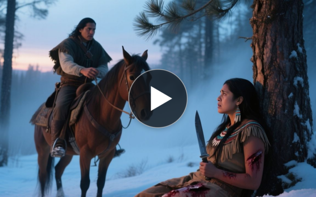 Baqueano a caballo junto a mujer indígena herida sentada en la nieve en un bosque nevado, ella sostiene un cuchillo