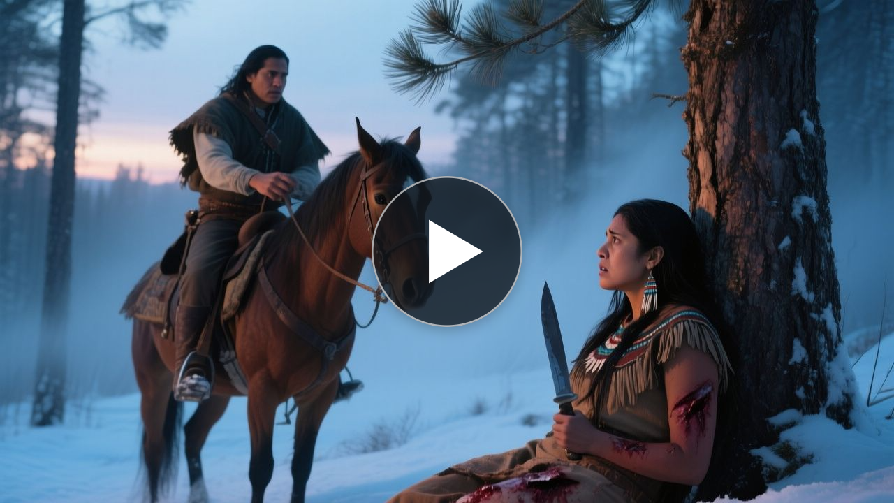 Baqueano a caballo junto a mujer indígena herida sentada en la nieve en un bosque nevado, ella sostiene un cuchillo