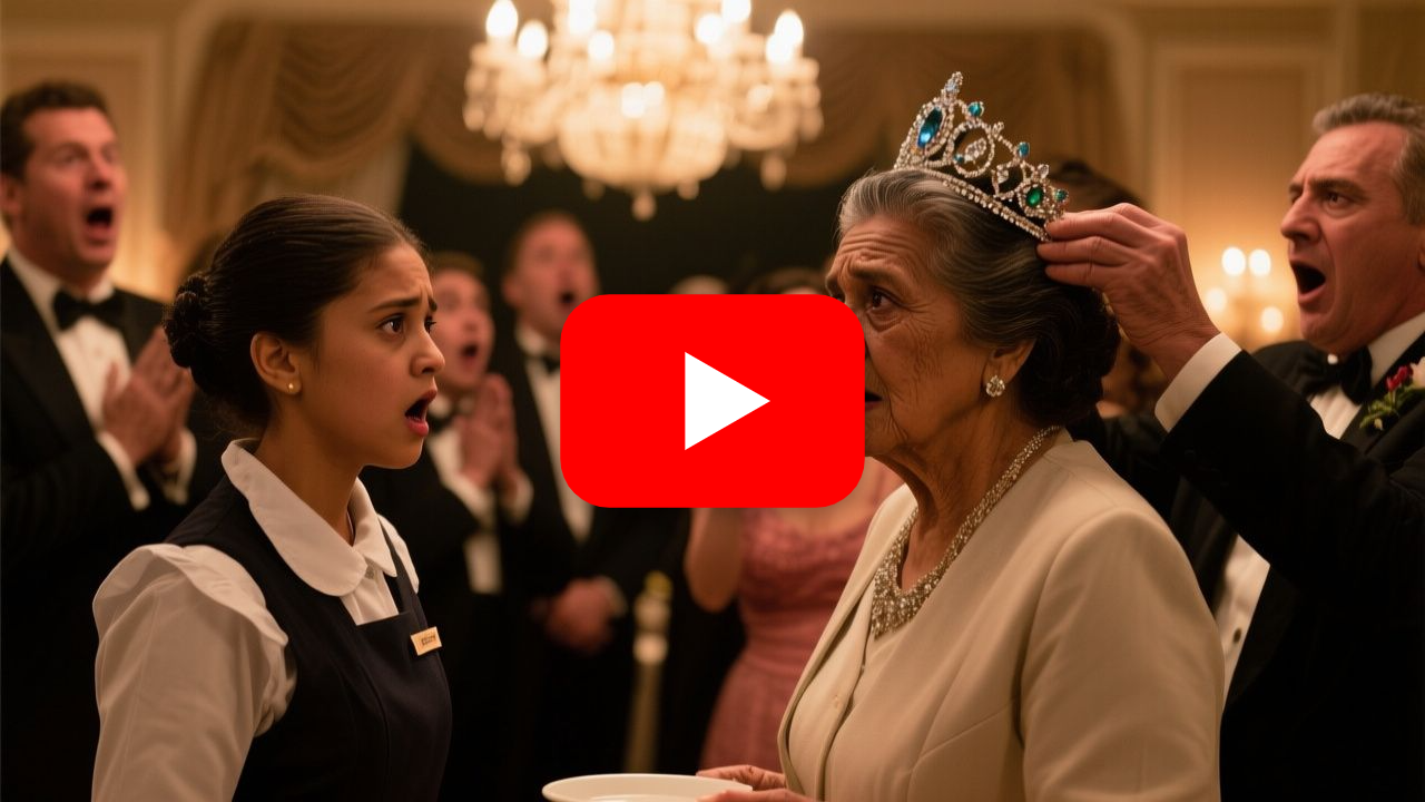 Elena, joven mesera de moño sencillo, recibe una tiara de brillantes de doña Mercedes frente a los invitados de la gala Villa