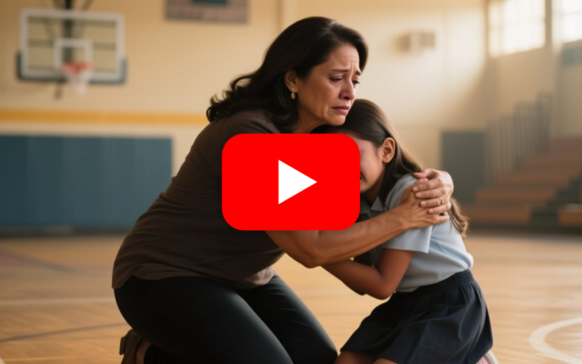 Niña llamada Camila sentada sola en las gradas del gimnasio escolar, con la espalda marcada por hematomas ocultos bajo su cam