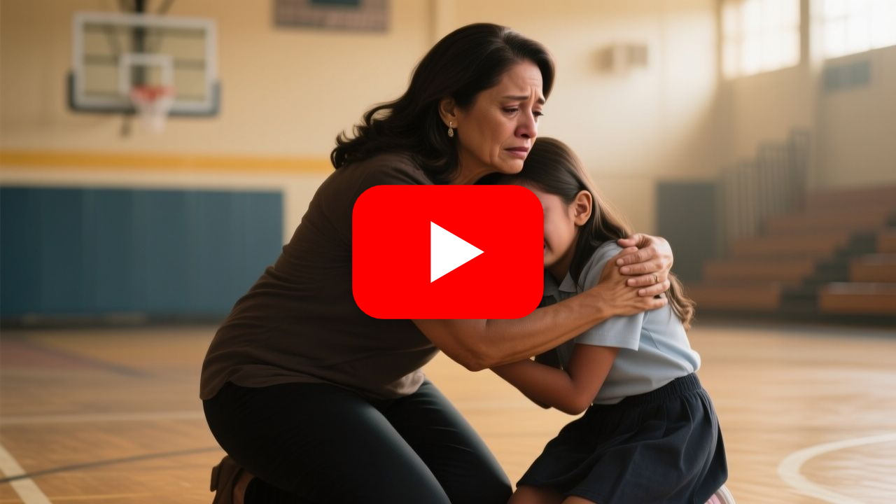 Niña llamada Camila sentada sola en las gradas del gimnasio escolar, con la espalda marcada por hematomas ocultos bajo su cam