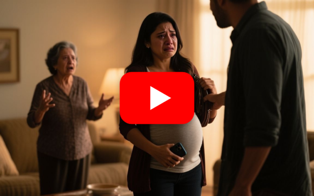Mujer embarazada de pie sosteniendo su teléfono frente a la mesa familiar mientras su suegra la señala y Ryan permanece senta