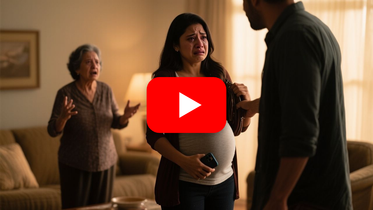 Mujer embarazada de pie sosteniendo su teléfono frente a la mesa familiar mientras su suegra la señala y Ryan permanece senta