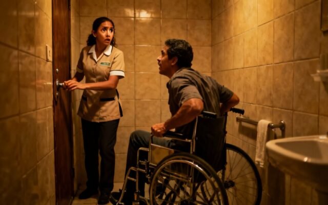 Hombre en silla de ruedas de pie frente a una empleada en un baño con la puerta cerrada, escena de tensión y secreto