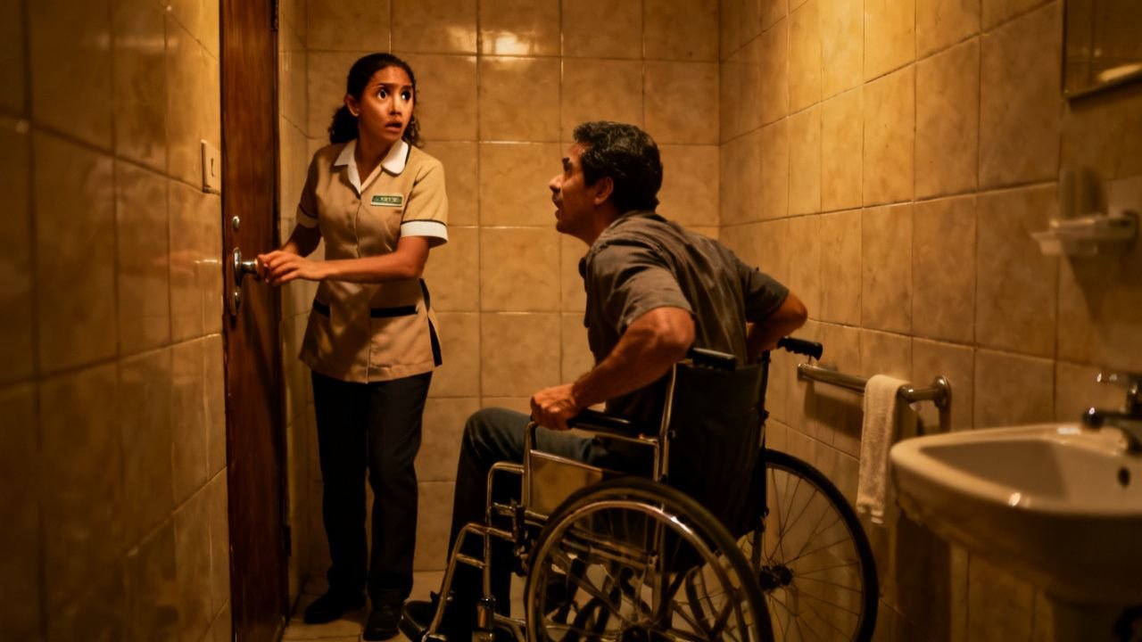Hombre en silla de ruedas de pie frente a una empleada en un baño con la puerta cerrada, escena de tensión y secreto