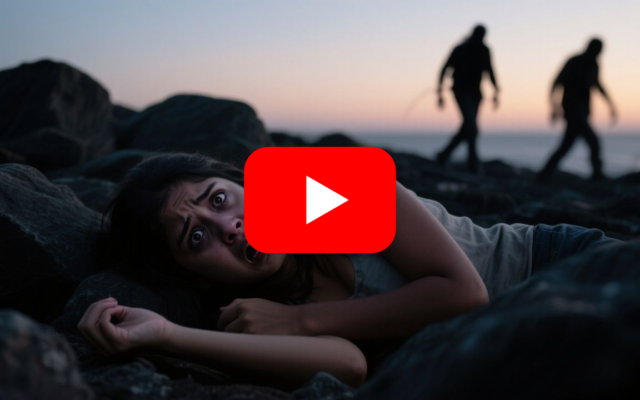 Helena inmóvil entre las rocas junto al cuerpo de Julián mientras dos atacantes la iluminan con linternas.
