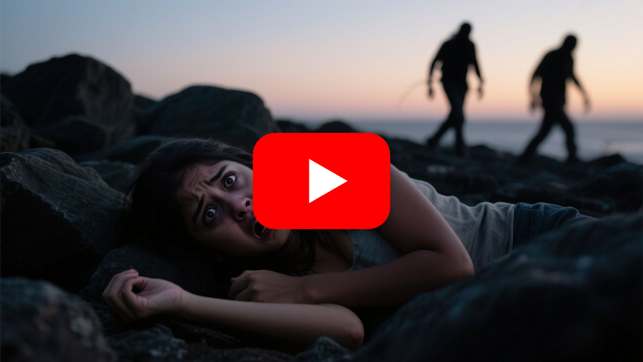 Helena inmóvil entre las rocas junto al cuerpo de Julián mientras dos atacantes la iluminan con linternas.