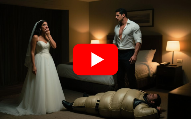 Mujer con vestido de novia frente a un hombre musculoso en una suite nupcial