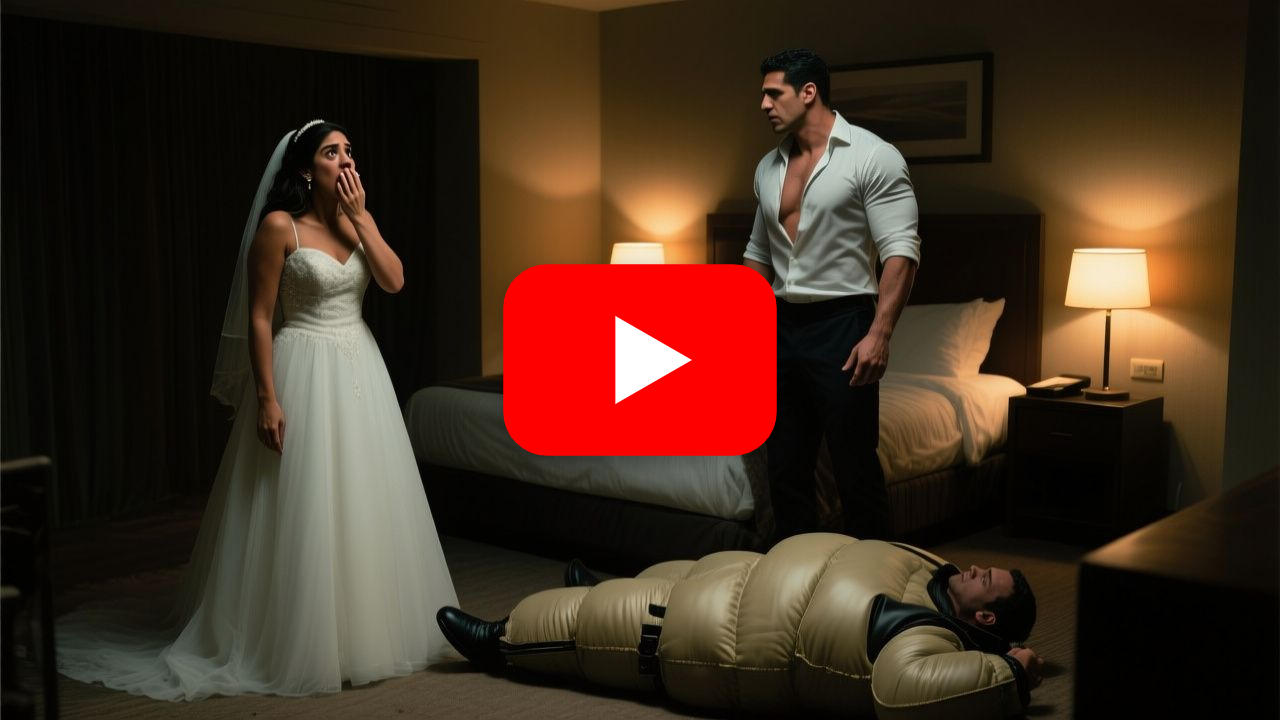 Mujer con vestido de novia frente a un hombre musculoso en una suite nupcial
