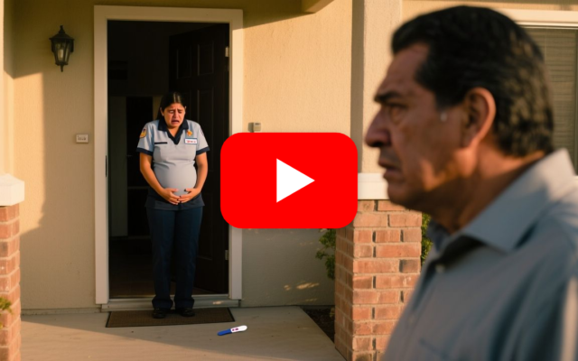 Mujer temblando junto a la puerta de una casa mientras un hombre sostiene una prueba de embarazo positiva que cayó al suelo