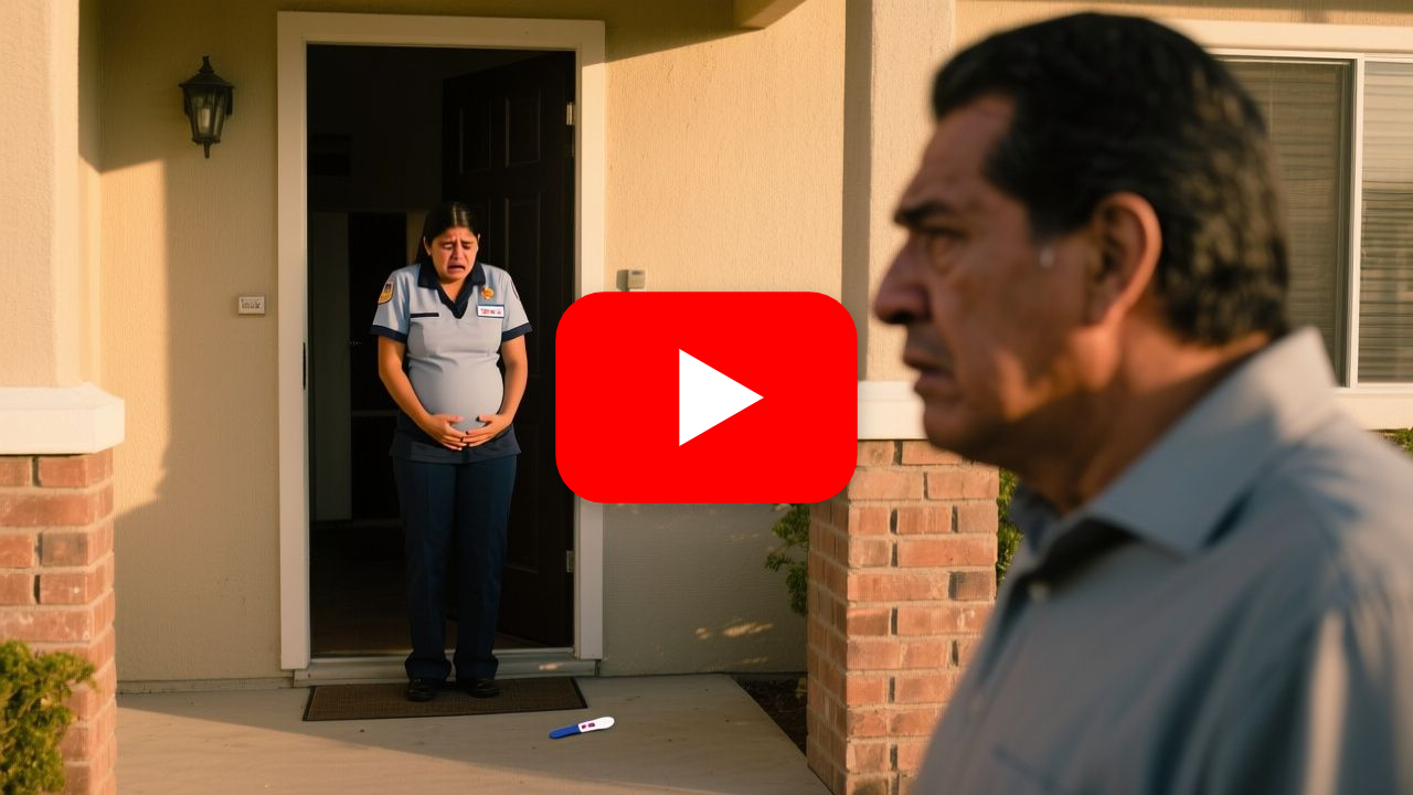 Mujer temblando junto a la puerta de una casa mientras un hombre sostiene una prueba de embarazo positiva que cayó al suelo