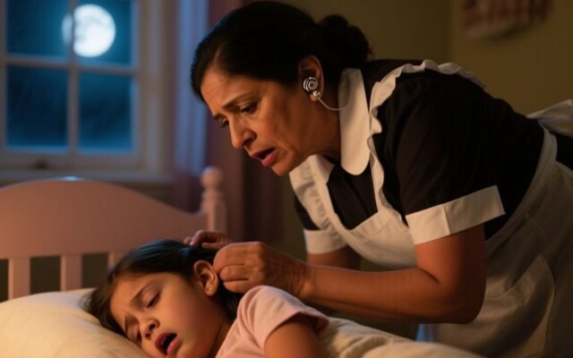 Sirvienta descubre un pequeño dispositivo gris detrás de la oreja de una niña dormida en su habitación