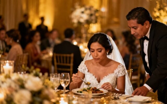 Novia con vestido marfil comiendo sola en la mesa principal de su boda tras ser abandonada, rodeada de platos intactos