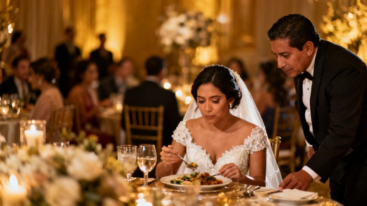 Novia con vestido marfil comiendo sola en la mesa principal de su boda tras ser abandonada, rodeada de platos intactos