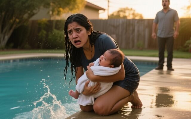 Mujer empujando una carriola hacia una piscina mientras una empleada doméstica observa la escena