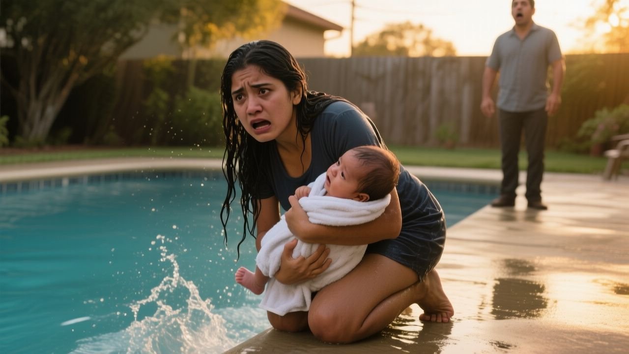 Mujer empujando una carriola hacia una piscina mientras una empleada doméstica observa la escena