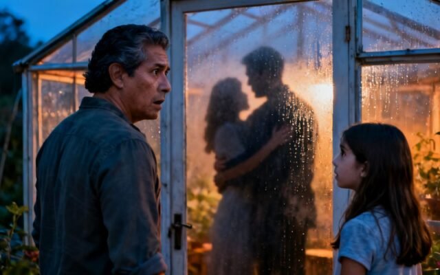 Hombre y mujer besándose apasionadamente dentro de un invernadero de vidrio al atardecer