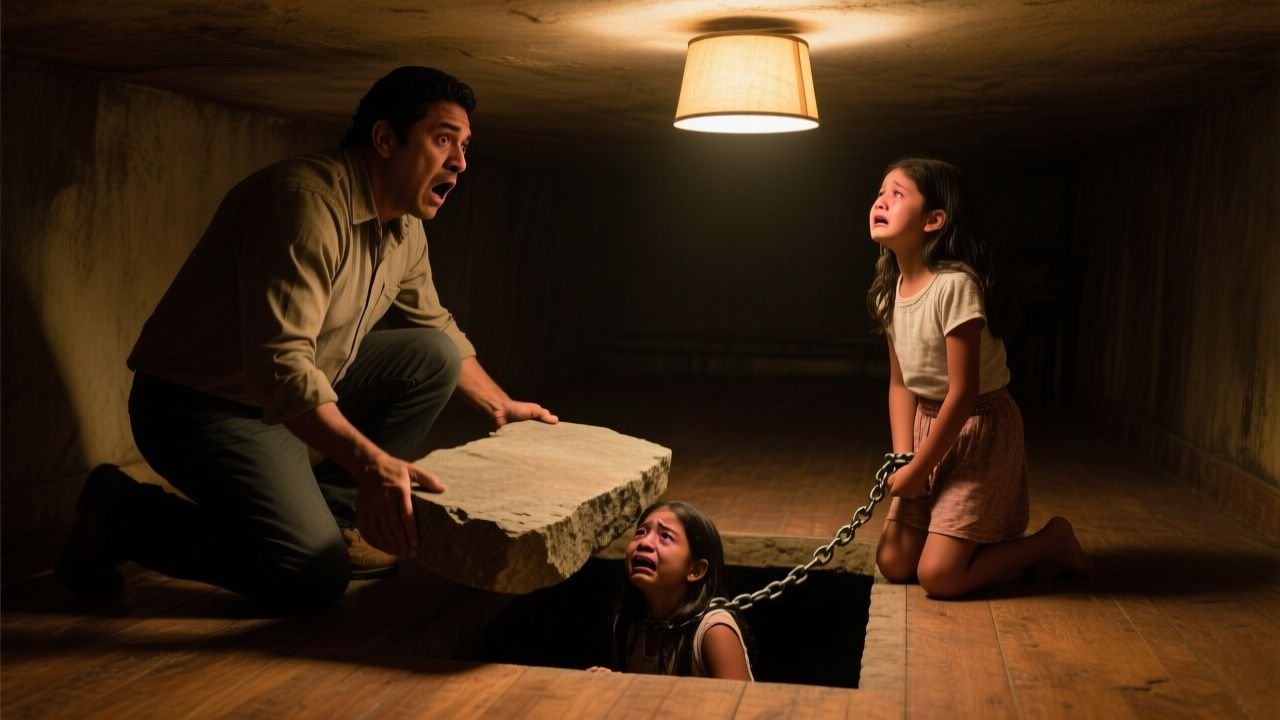 Niña arrodillada junto a un ropero de madera señalando una rendija en el piso de su casa