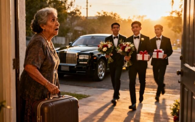Mujer mayor con maleta siendo recibida por tres jóvenes de traje que le ofrecen flores blancas frente a un auto negro
