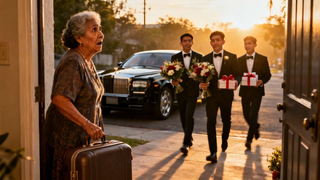 Mujer mayor con maleta siendo recibida por tres jóvenes de traje que le ofrecen flores blancas frente a un auto negro