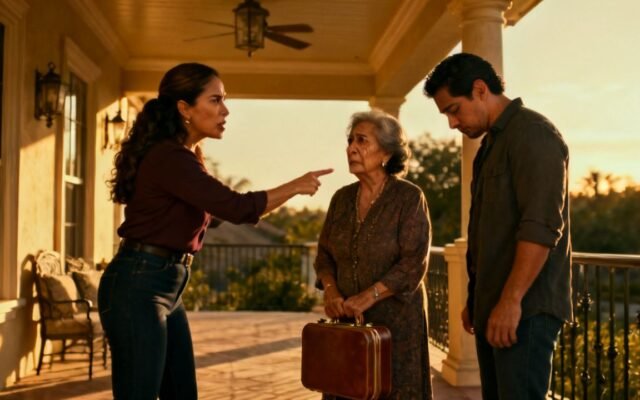 Mujer mayor frente a su nuera en una sala elegante, mientras un abogado con carpeta observa la escena