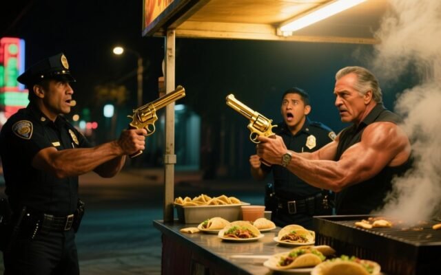 Sylvester Stallone con mandil y gorra de taquero friendo carne en un puesto de tacos de noche