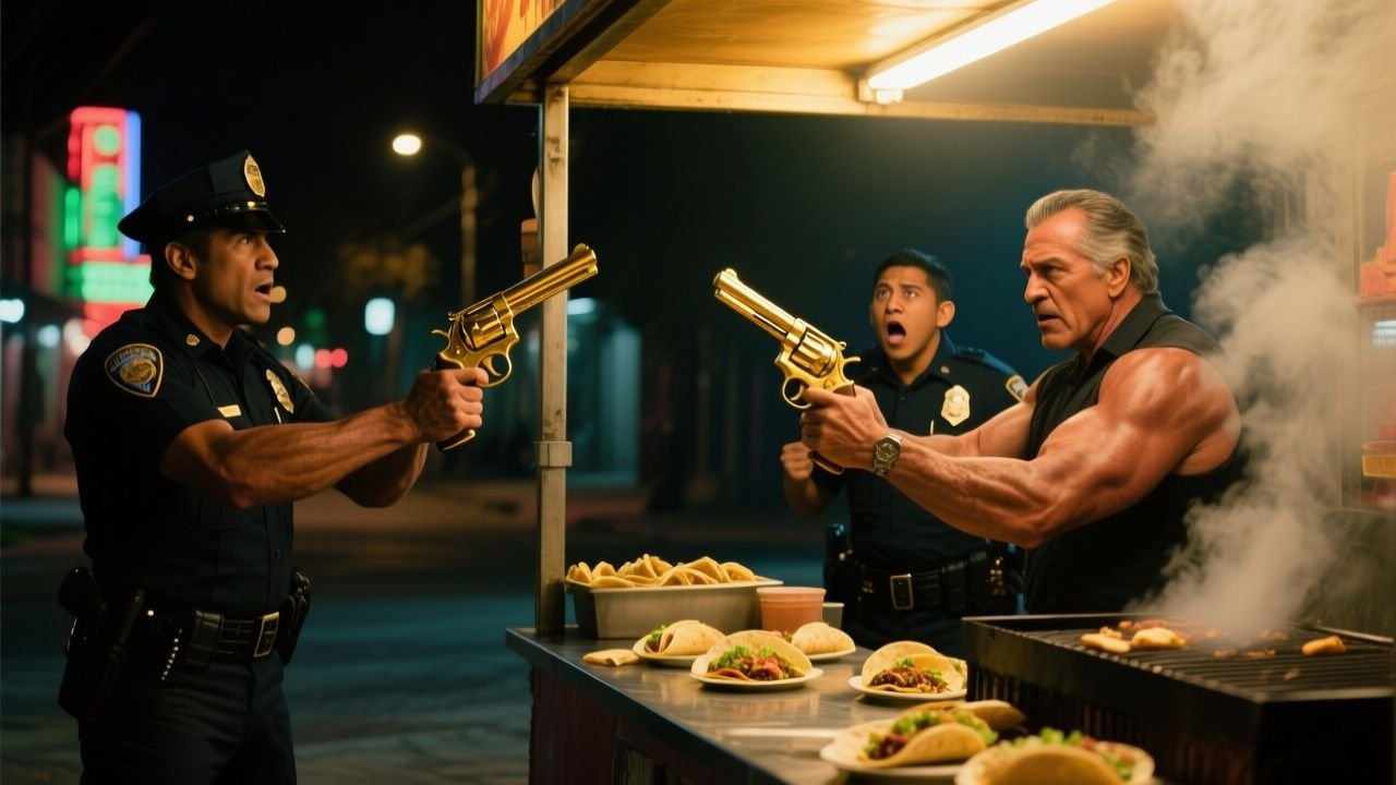 Sylvester Stallone con mandil y gorra de taquero friendo carne en un puesto de tacos de noche