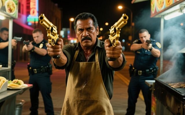 Puesto de tacos de noche con un taquero parecido a Sylvester Stallone frente a policías que no pagan la cuenta