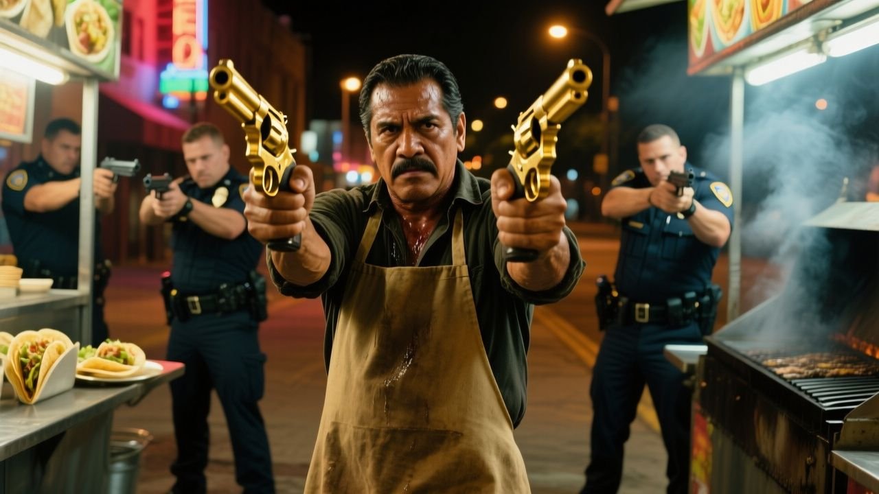 Puesto de tacos de noche con un taquero parecido a Sylvester Stallone frente a policías que no pagan la cuenta