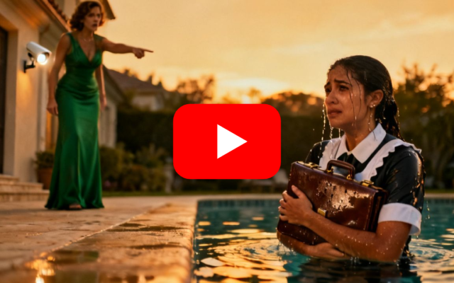Empleada doméstica saliendo de la piscina con un maletín de cuero empapado en brazos mientras una mujer vestida de verde obse