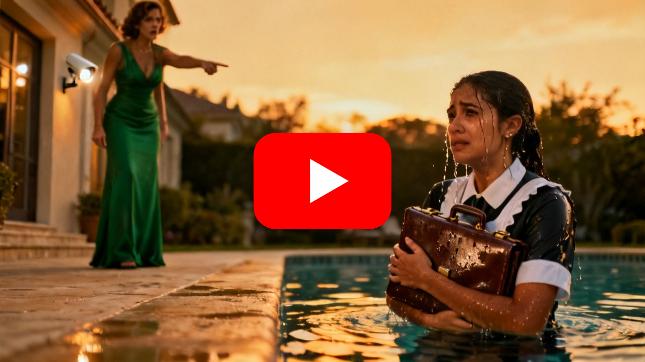 Empleada doméstica saliendo de la piscina con un maletín de cuero empapado en brazos mientras una mujer vestida de verde obse