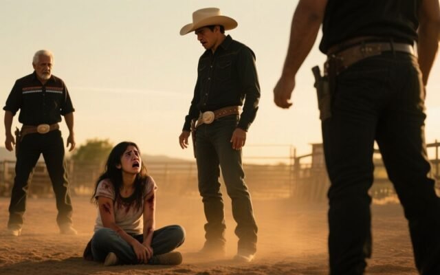 Vaquero con sombrero mirando desde arriba a una joven caída en el polvo de un corral al atardecer