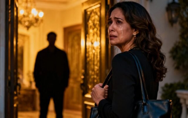 Valeria de pie en el salón de la mansión con su bolso, decidida a irse tras enfrentar a Eduardo