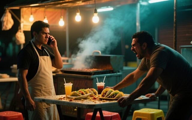 Puesto de tacos El Gallito de Oro en el mercado de La Merced durante una noche concurrida